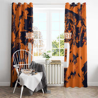 Orange and navy sports window curtains with jersey-number prints and textured splash pattern.