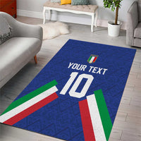 Blue area rug with custom text and number 10, surrounded by Italian flag color bands.