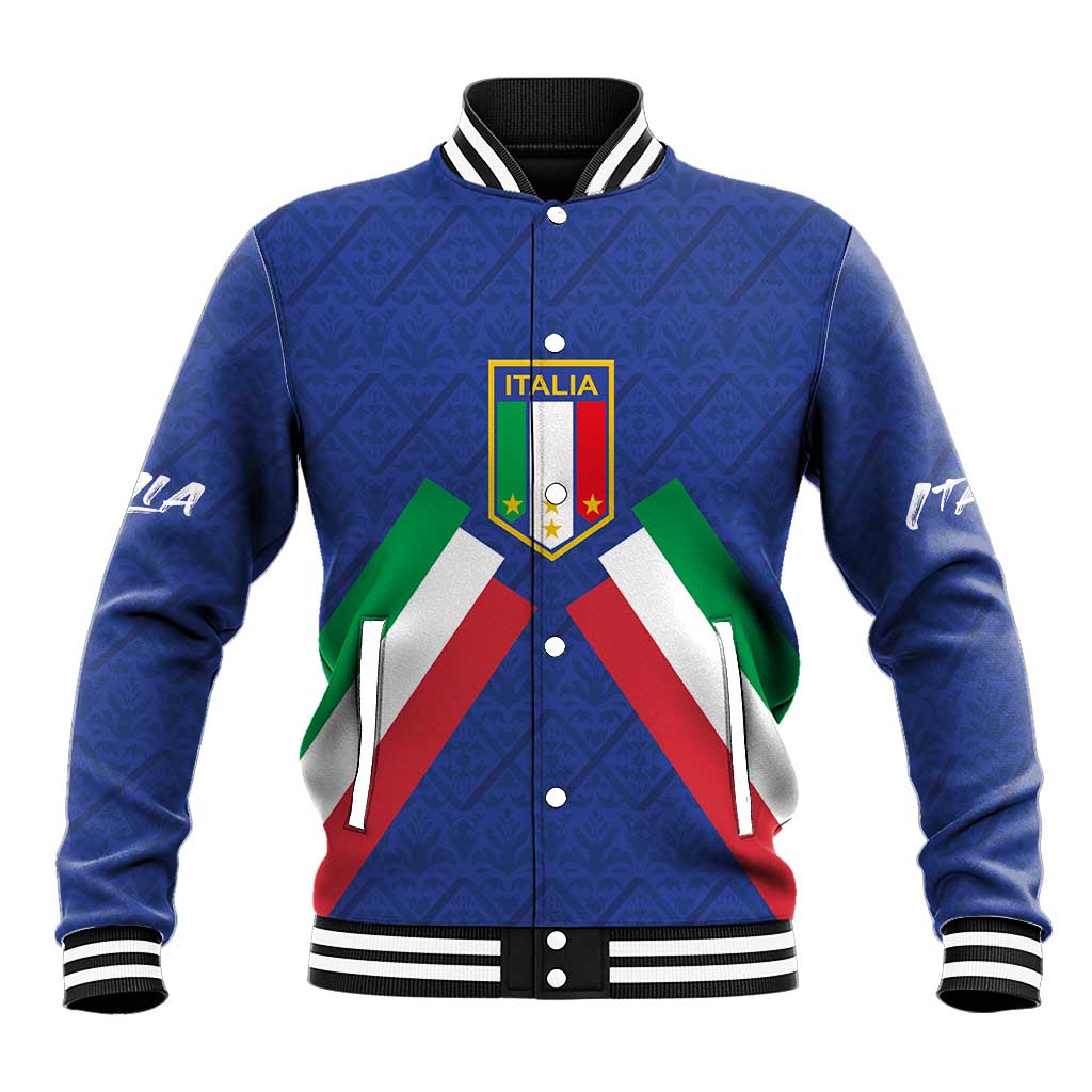 Blue varsity baseball jacket with button front, ribbed collar, Italia crest, flag chevron