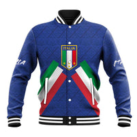 Blue varsity baseball jacket with button front, ribbed collar, Italia crest, flag chevron