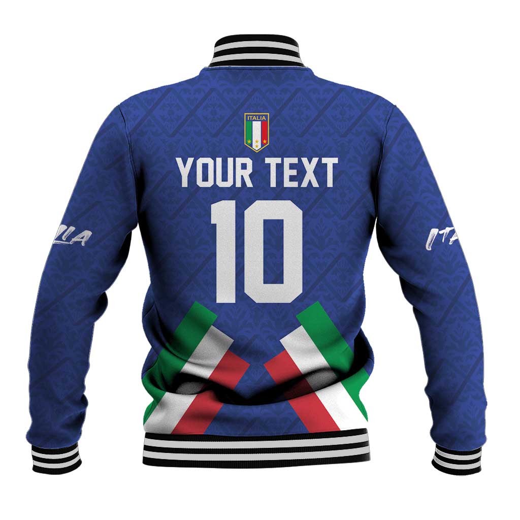 Blue baseball jacket back with ribbed collar, Italia crest, YOUR TEXT and 10 graphic