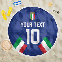 Blue round beach blanket with fringe, Italia crest, number 10, and Italian flag accents