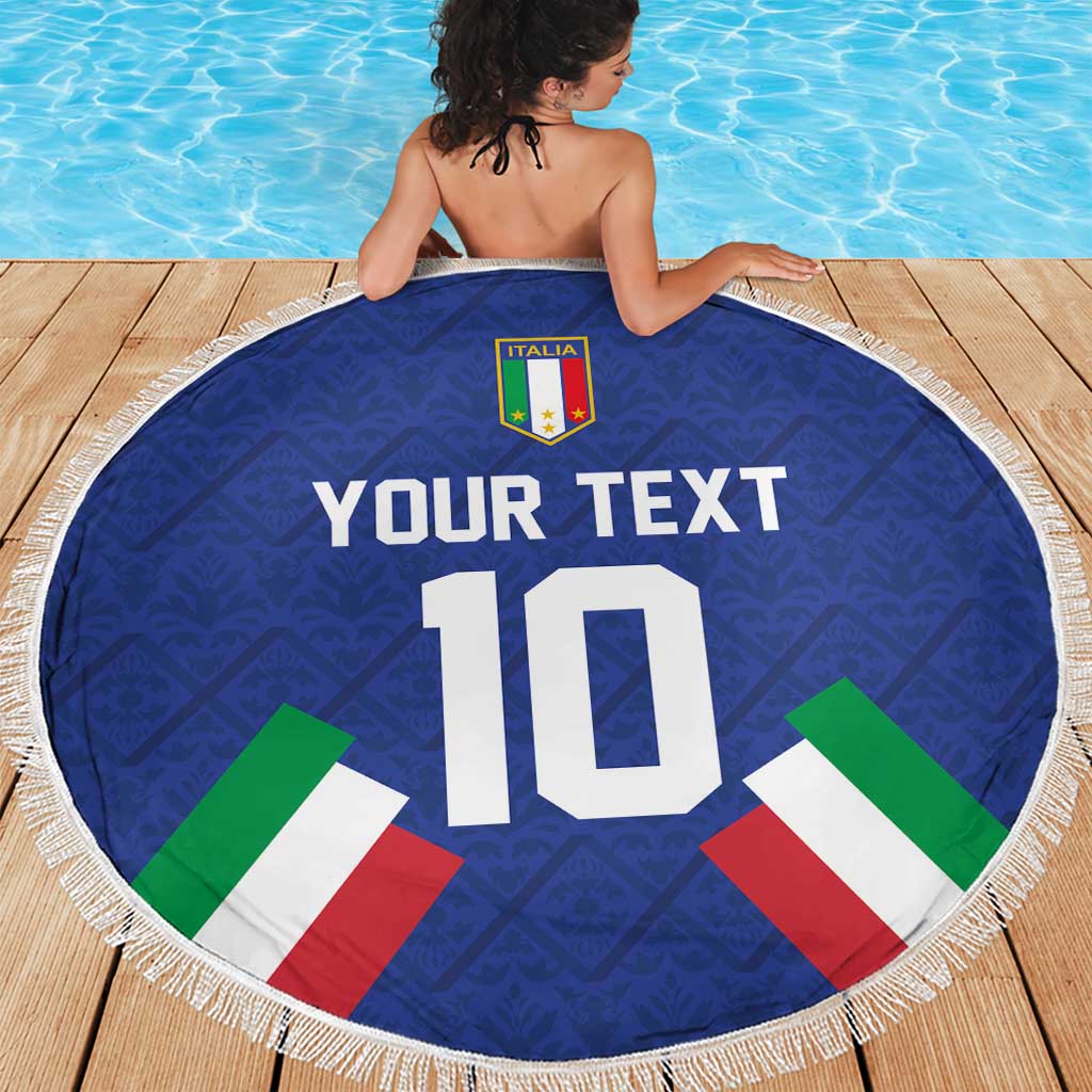 Blue round beach blanket with fringe, Italia crest and large number 10 graphic