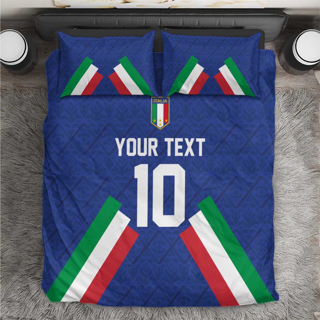 Blue Italy football bedding set with crest, 'YOUR TEXT' and number 10 on duvet, with flag pillow