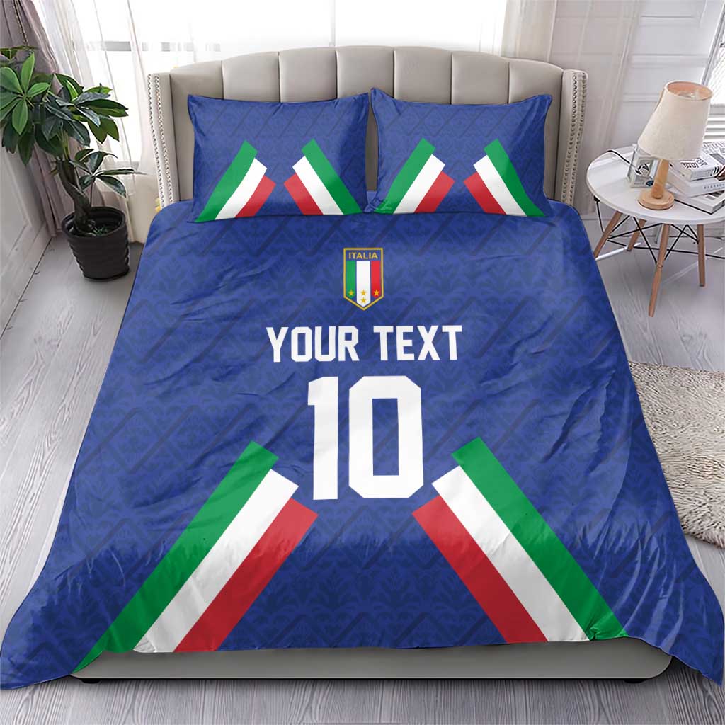 Blue Italy football bedding set with crest, 'YOUR TEXT', number 10, and flag stripe pillow