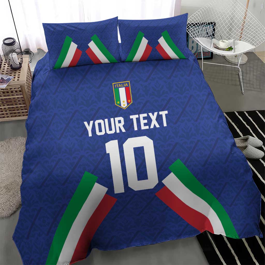 Blue duvet and pillow bedding set with Italia crest, 'YOUR TEXT', number 10, and flag stripes