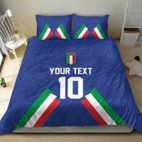 Blue Italy football bedding set featuring Italia crest, 'YOUR TEXT', number 10, and flag accents