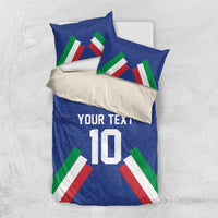 Blue duvet cover and pillowcase set with crest, 'YOUR TEXT', number 10, and Italian flag stripes