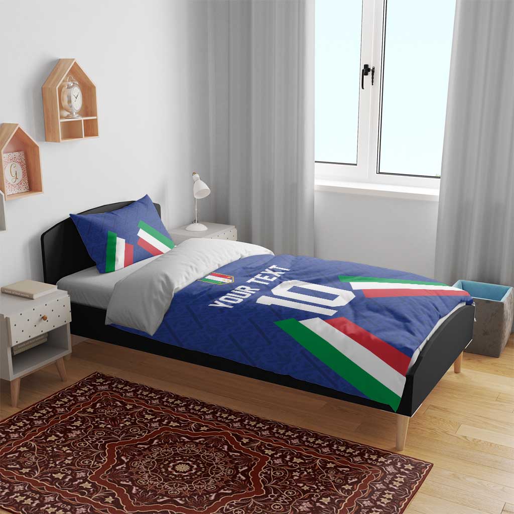 Blue Italy football bedding set on bed with crest, 'YOUR TEXT', number 10, and flag stripe design
