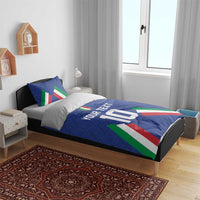 Blue Italy football bedding set on bed with crest, 'YOUR TEXT', number 10, and flag stripe design
