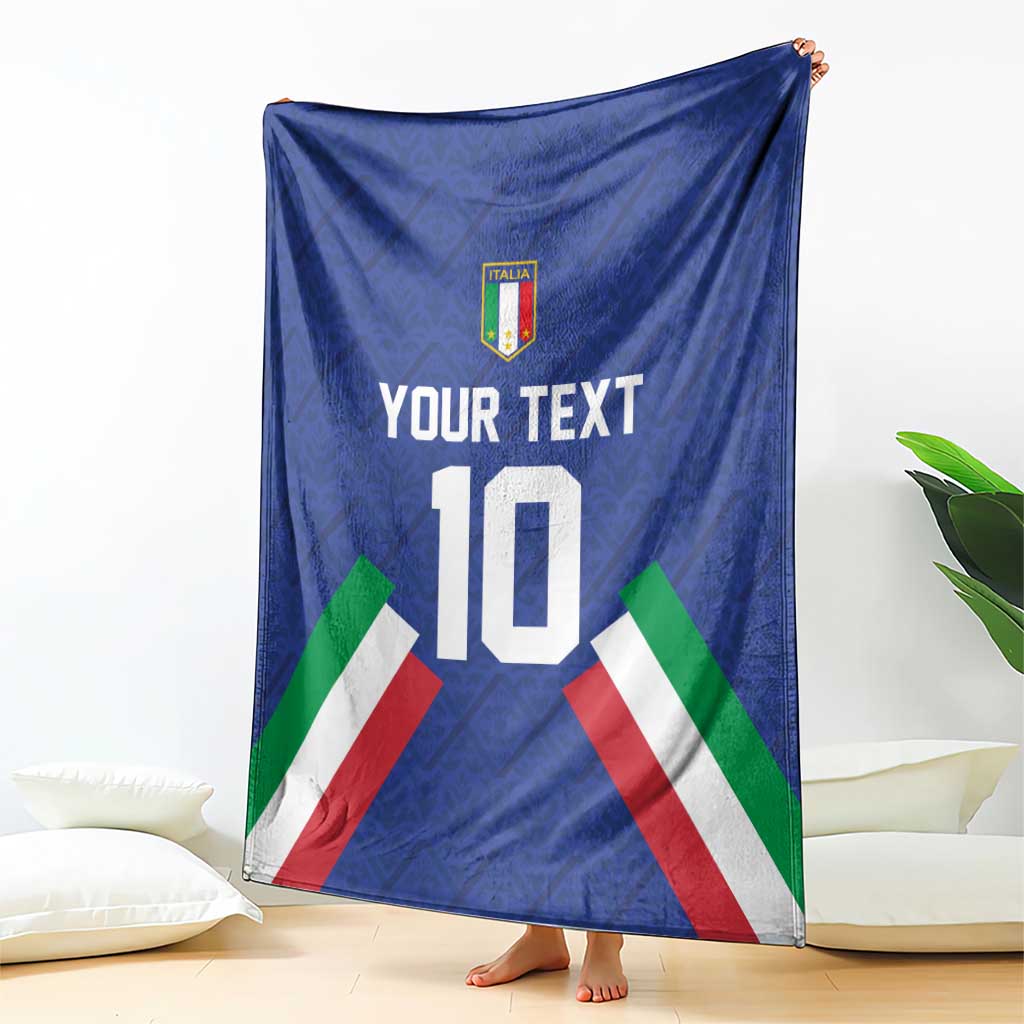 Blue Italy football blanket held up, crest and 'YOUR TEXT' over number 10