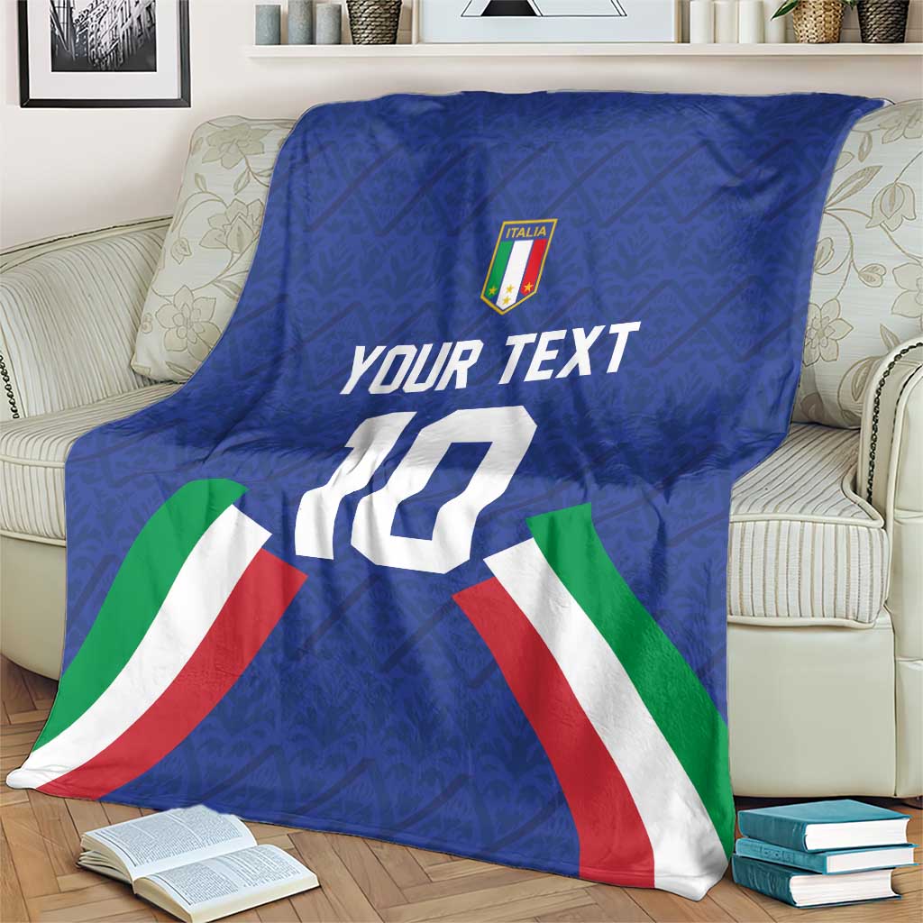Blue Italy football blanket draped on armchair, crest, 'YOUR TEXT' and number 10