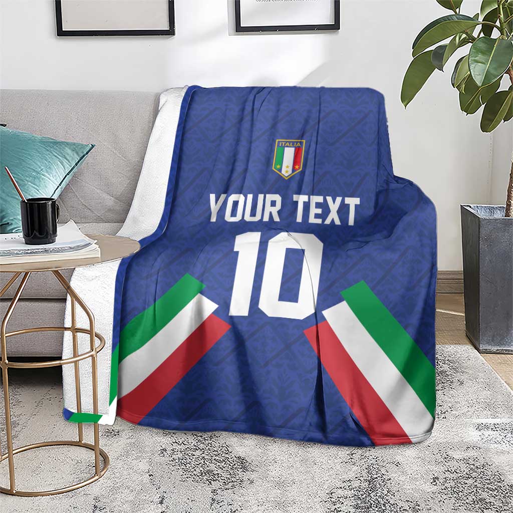 Blue Italy football blanket draped over seating, crest, 'YOUR TEXT' and number 10