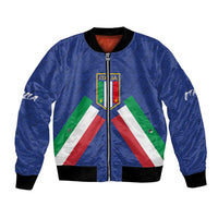 Blue bomber jacket with full-zip, ribbed cuffs, and Italy flag crest front
