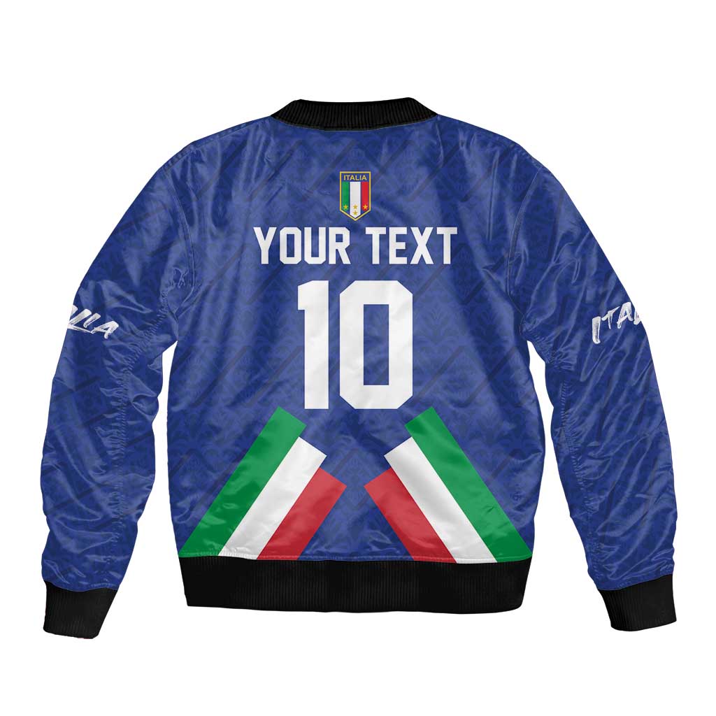 Blue bomber jacket back with large '10' graphic and Italy flag striped shield