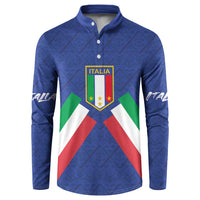 Blue Italy football button sweatshirt with crest and Italian flag X design, long sleeves