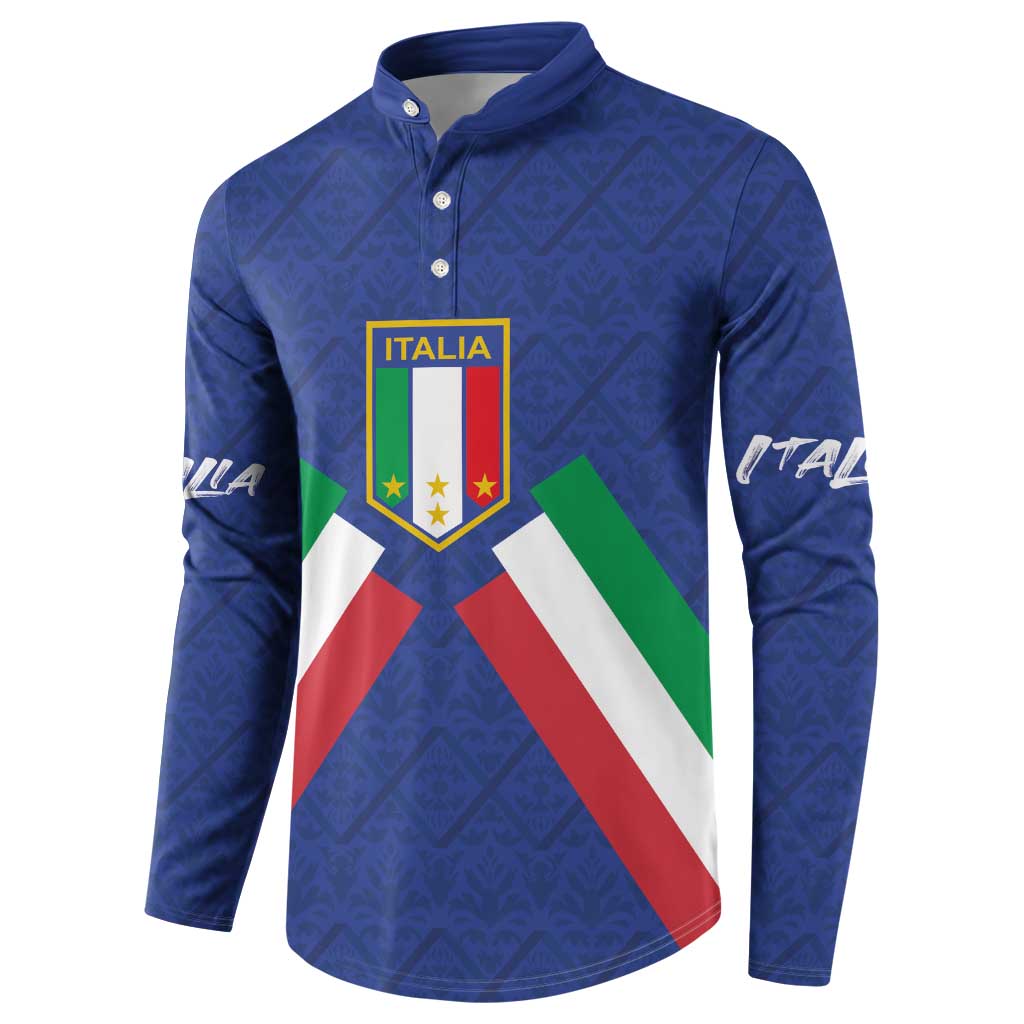 Blue Italy button sweatshirt with Italy crest and Italian flag X front graphic, long sleeves