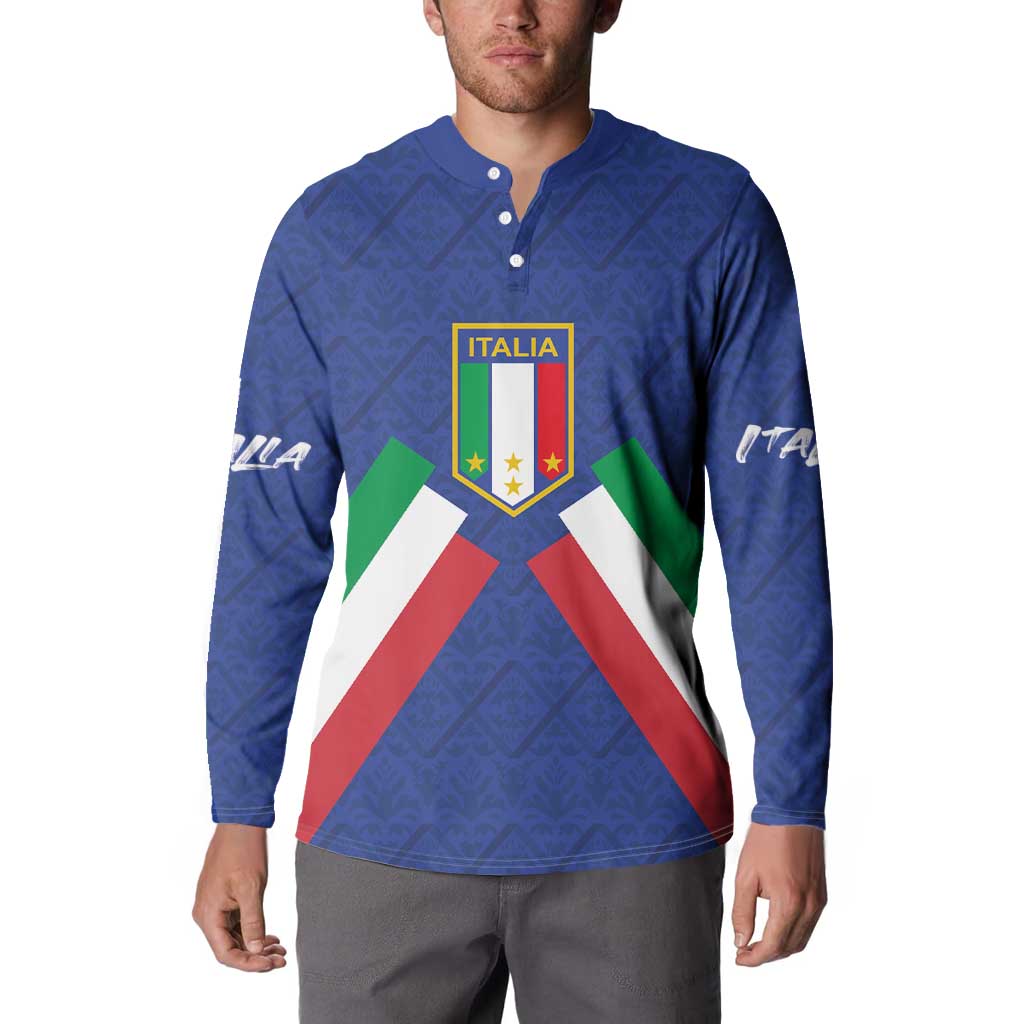 Blue Italy button sweatshirt with crest and Italian flag X front print, long sleeves