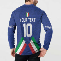 Blue back print sweatshirt with Italy crest, 'YOUR TEXT' and number 10 over flag X, long sleeves