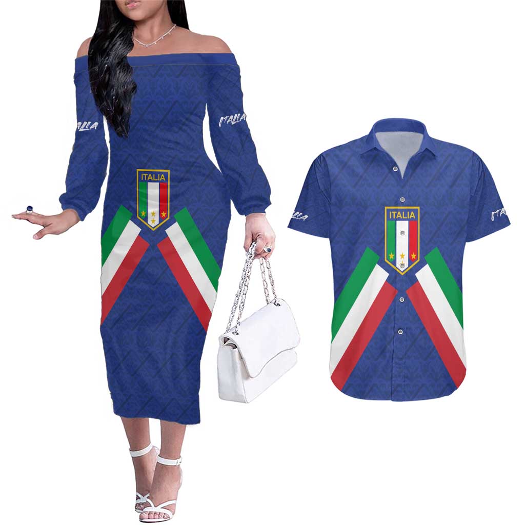 Italy Football 2024 Go Champion Couples Matching Off The Shoulder Long Sleeve Dress and Hawaiian Shirt - Wonder Print Shop