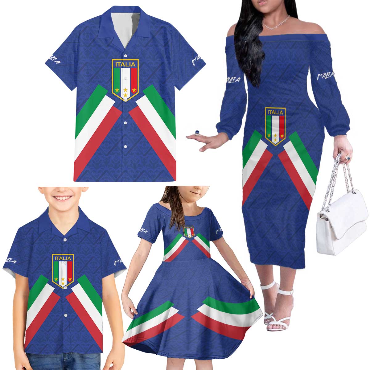 Italy Football 2024 Go Champion Family Matching Off The Shoulder Long Sleeve Dress and Hawaiian Shirt - Wonder Print Shop