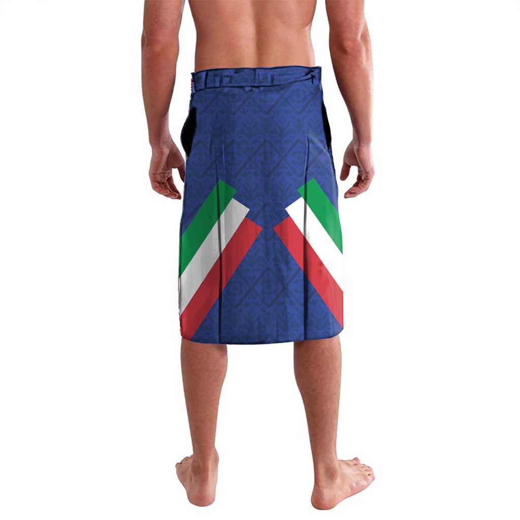 Men's blue soccer shorts with elastic waist and tricolor diagonal stripe graphic
