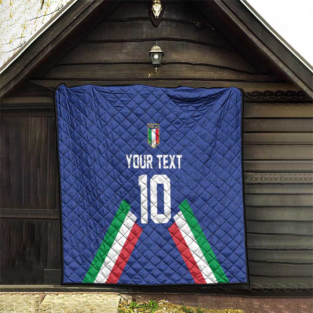 Blue quilt blanket with crest, number 10, flag stripes, and 'YOUR TEXT' in center