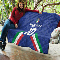 Blue football quilt with Italy flag graphic, diamond stitching, and 'YOUR TEXT' print