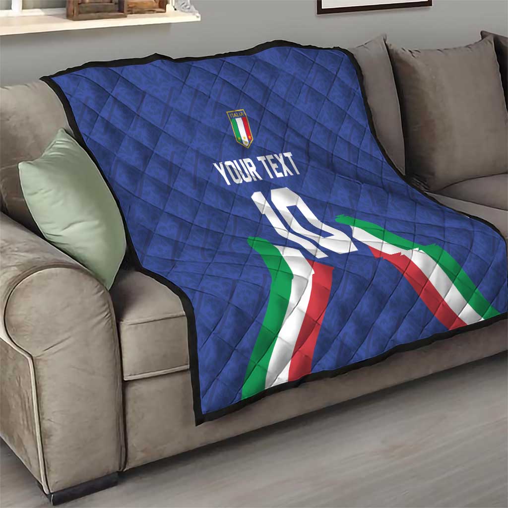 Blue quilted blanket with Italy flag graphic and stitched square pattern
