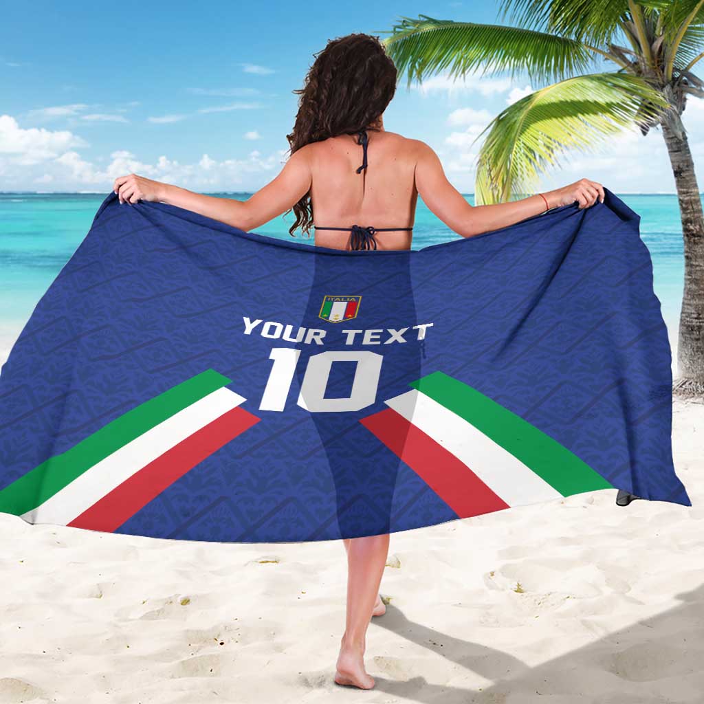Blue Italy football sarong, back view with “YOUR TEXT,” “10,” crest and flag stripes