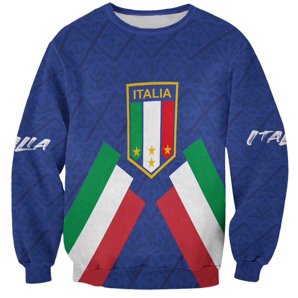 Blue unisex crewneck sweatshirt with Italy crest and flag graphic