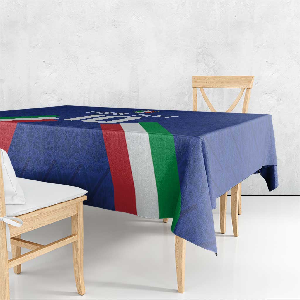 Blue tablecloth with diagonal Italian flag stripe design along the edges