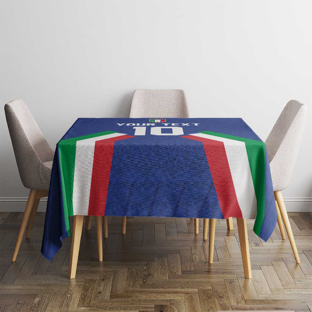 Blue tablecloth with Italian flag stripe panel and YOUR TEXT graphic