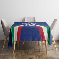 Blue tablecloth with Italian flag stripe panel and YOUR TEXT graphic