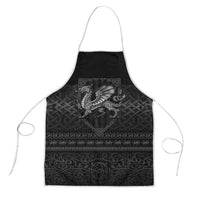 Black apron with Celtic dragon knot pattern and long neck and waist ties