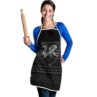 Black apron with Celtic dragon knot graphic and white neck and waist straps