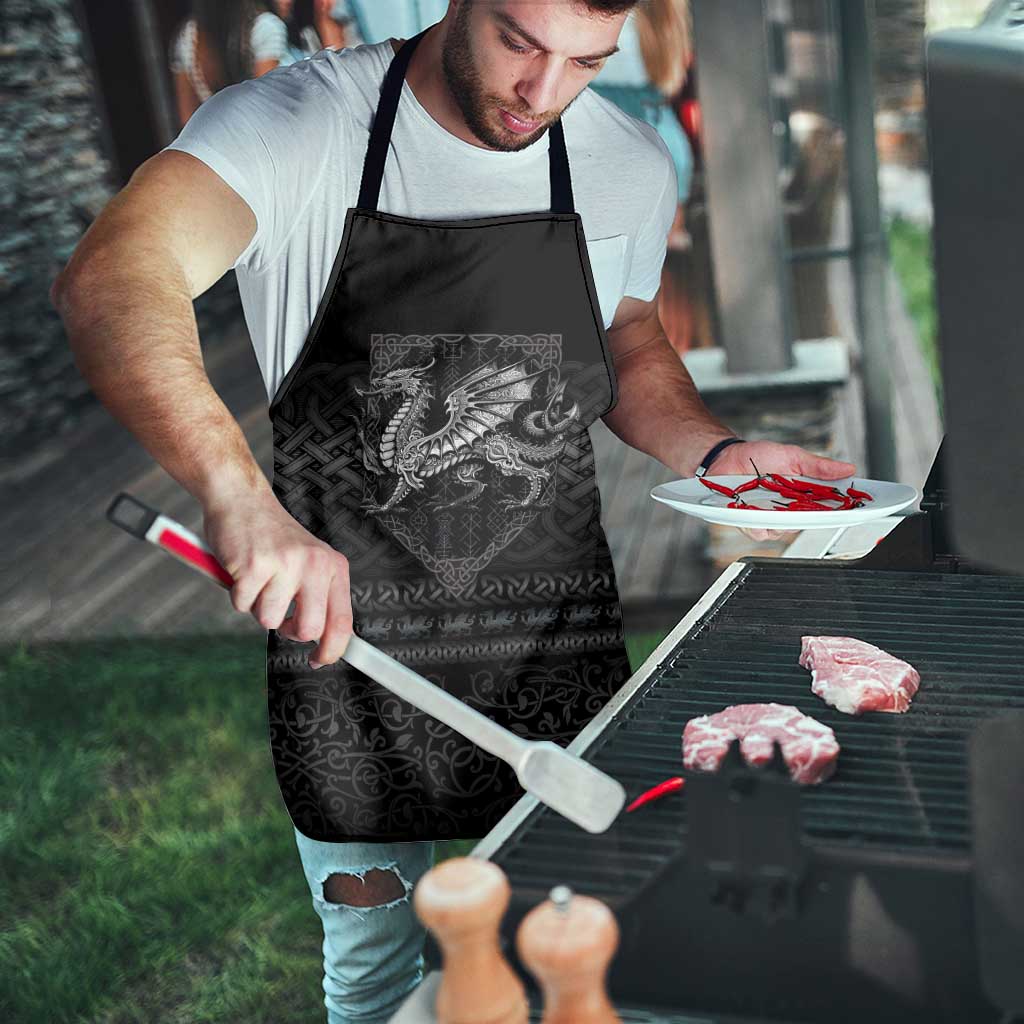 Black apron with Celtic dragon knot print on front panel and black ties