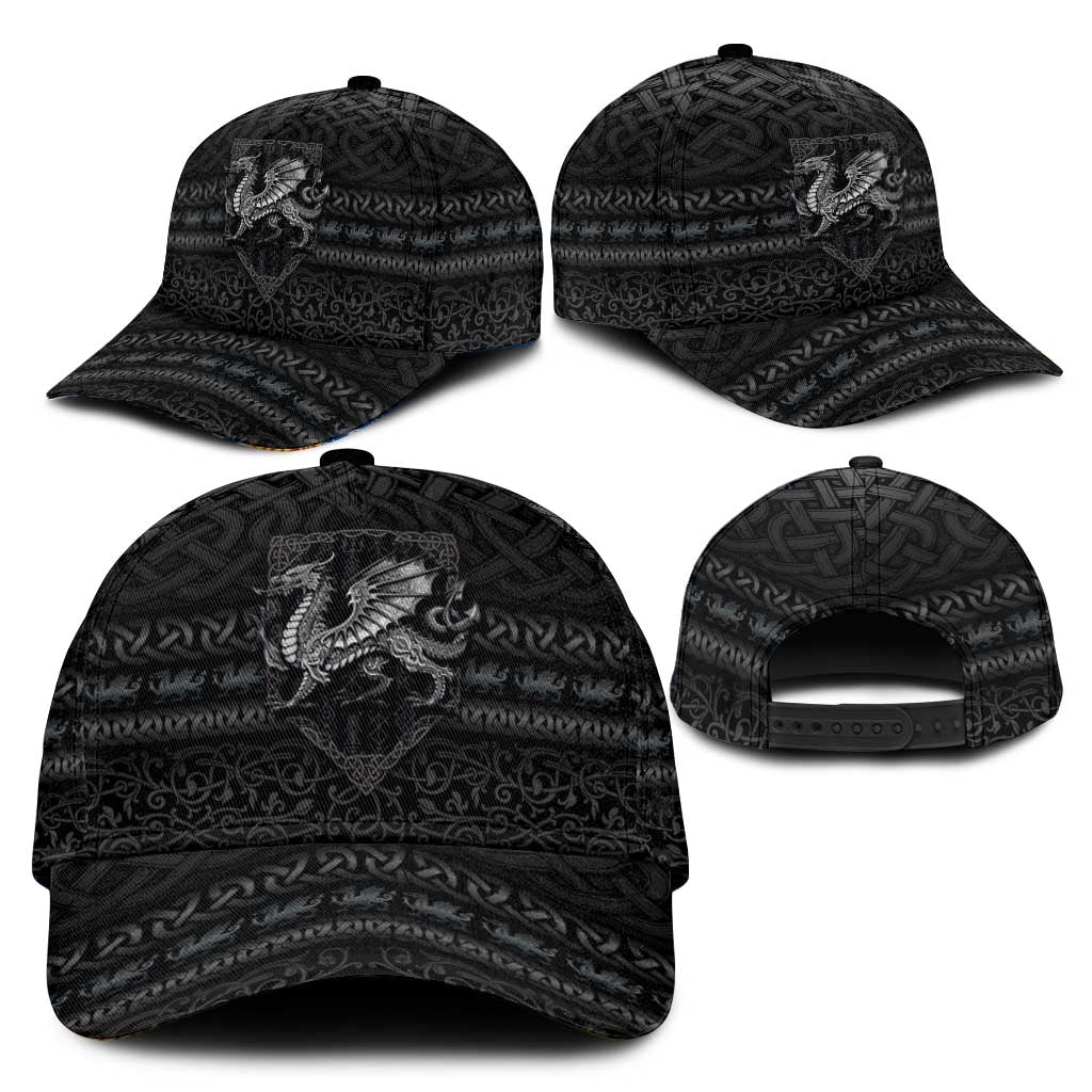 Black patterned baseball cap set: front, side, and adjustable strap view