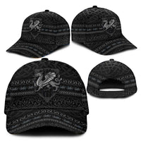 Black patterned baseball cap set: front, side, and adjustable strap view