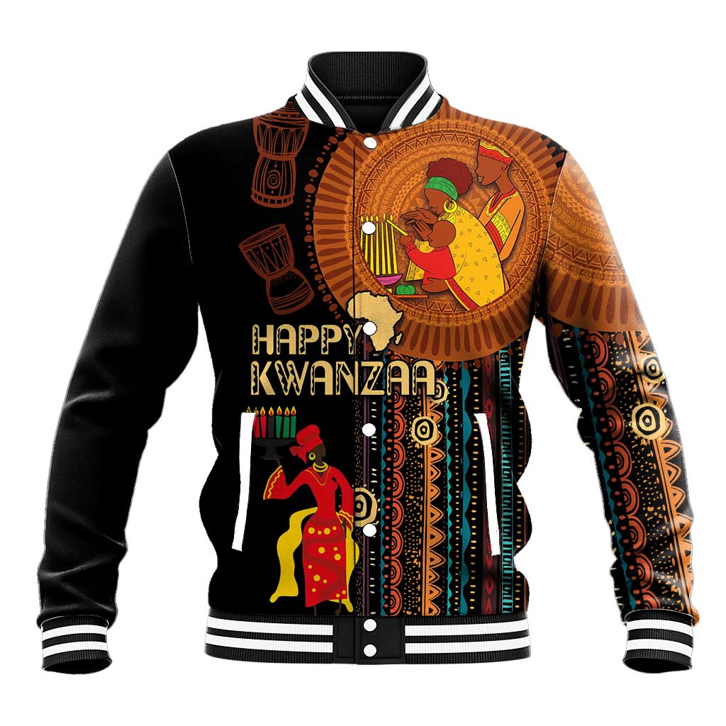 Black baseball jacket with colorful African tribal graphic, snap buttons, striped collar