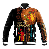 Black baseball jacket with colorful African tribal graphic, snap buttons, striped collar