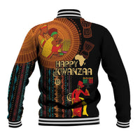 Black baseball jacket back with Happy Kwanzaa graphic, striped ribbed collar and cuffs