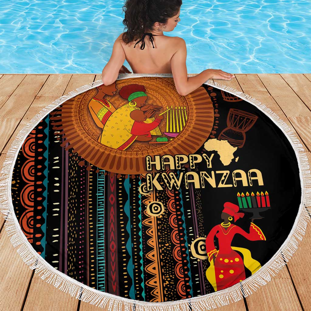 Round beach blanket with black Happy Kwanzaa African tribal design, fringed edge