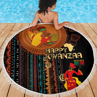 Round beach blanket with black Happy Kwanzaa African tribal design, fringed edge