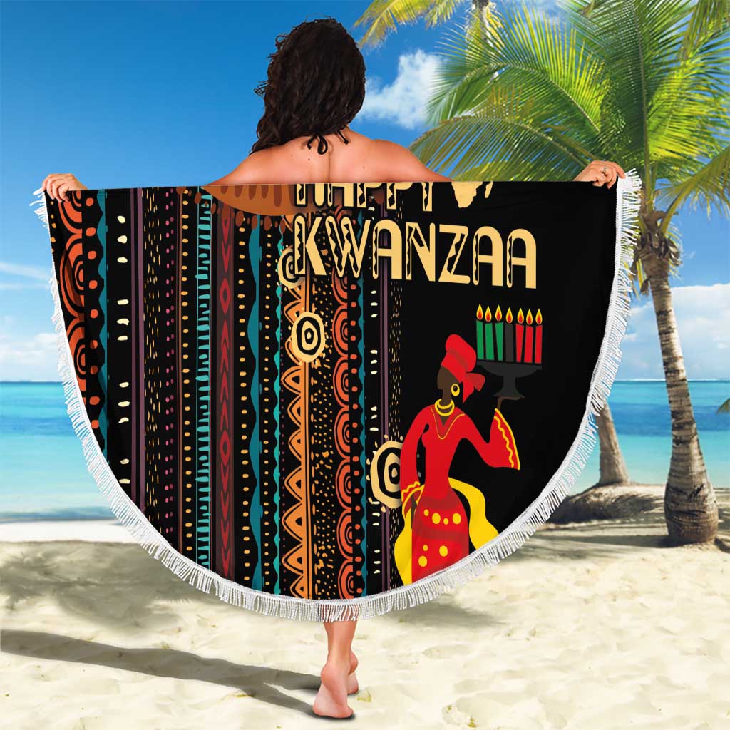 Round beach blanket with black Happy Kwanzaa African tribal print and white fringes
