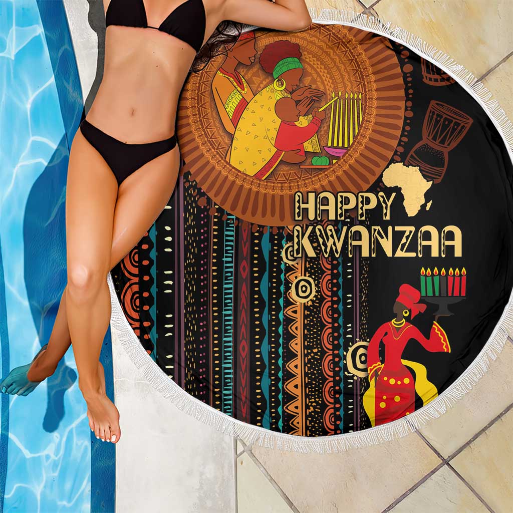 Round beach blanket, black Happy Kwanzaa African tribal artwork with white fringe edge
