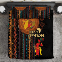 Black bedding set with African tribal stripes and Happy Kwanzaa characters, matching pillow covers