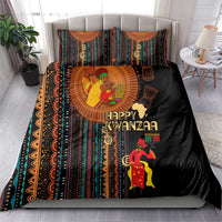 Black Kwanzaa bedding set with tribal vertical stripe pattern, Happy Kwanzaa text, and two pillows