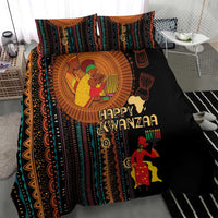Black bedding set featuring African tribal border stripes, Happy Kwanzaa text, and illustrated figures