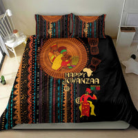 Black African tribal pattern comforter set with Happy Kwanzaa lettering and decorative central medallion